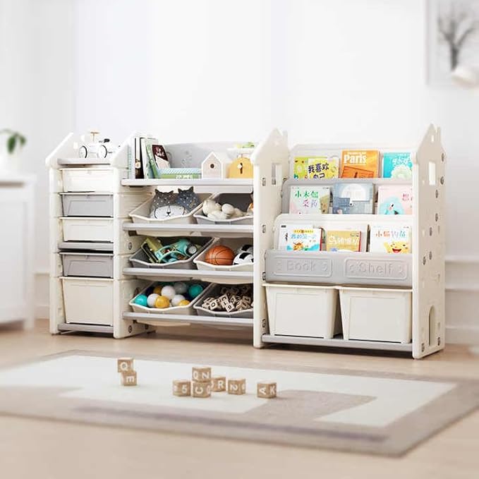 3 in 1 Kids Toy Storage Organizer with Bookshelf, Large Toddler Toy Storage Cabinet Box Bin for Living Room, Playroom/Classroom, Toy Shelf for Girl Boy