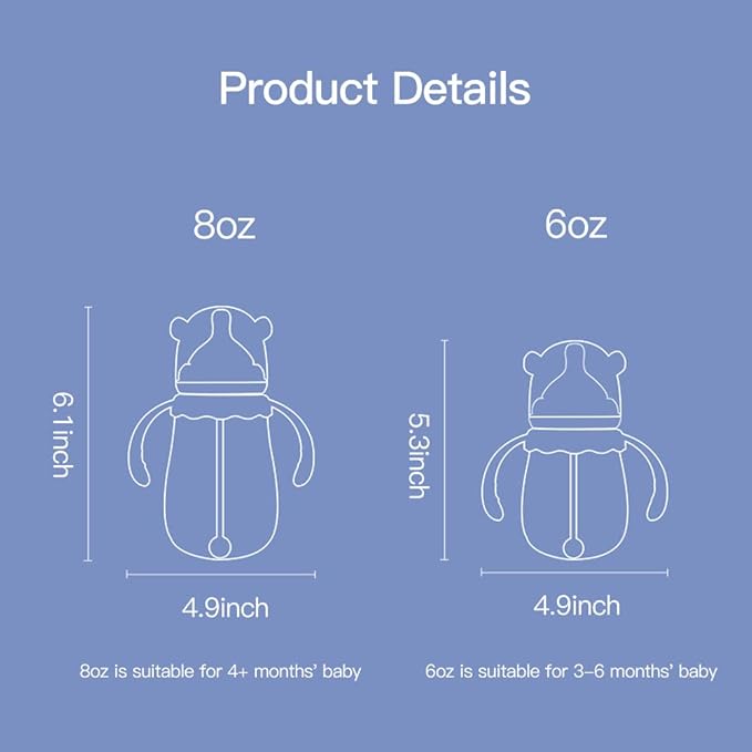 POTATO Glass Baby Bottles, Anti-Colic Breastfeeding Bottles with Fast Flow Nipple, Suitable for Babies 6-12 Months, 2 Replaceable Nipples, 8 oz, Pink