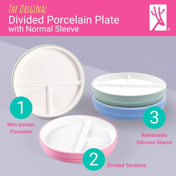 Elk and Friends Kids 7.8” Porcelain White Plates with Silicone Sleeves | Divided Plates | Suitable for Kids/Toddlers | Microwave & Dishwasher Safe | Non Slip | Snack Dishes…