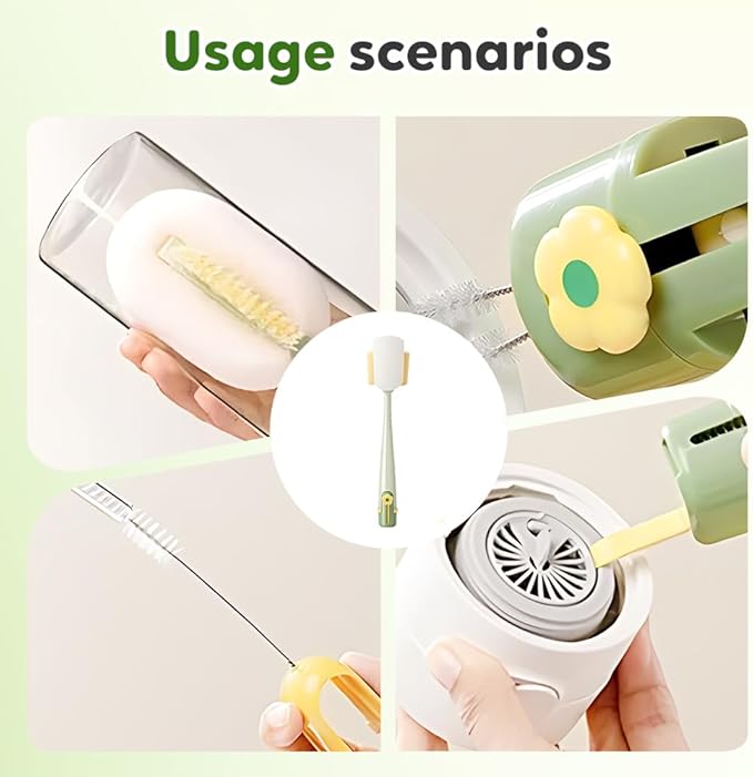 5 in 1 Bottle Cleaning Brush, Multifunctional Water Bottles Cleaner Brushs Portable Bottle and Lid Cleaning Brush Tool, Straw Cleaner Brushs for Baby Bottles Tumblers Glass Cups (2, Green)