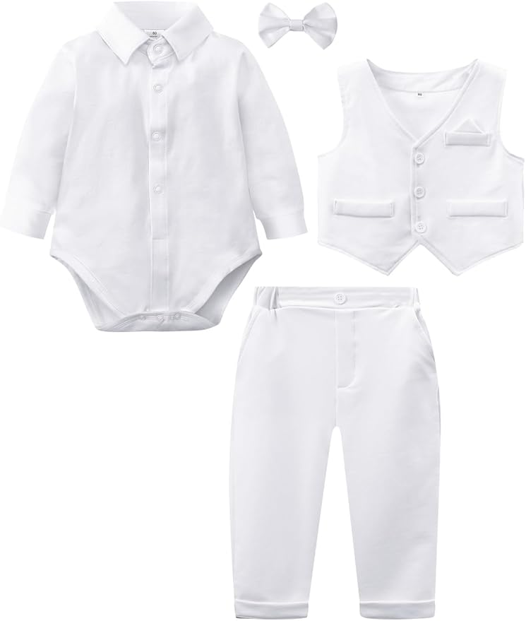 A&J DESIGN Baby Boy Suits Clothes Infant Toddler Formal Gentleman Outfits, Dress Shirt + Vest + Bow Tie + Pants Wedding Set