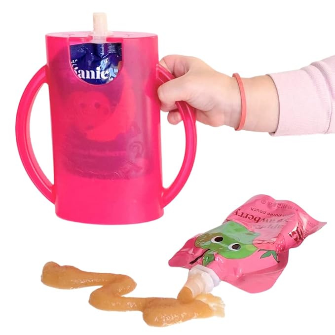 Flipping Holder Squeeze Proof Food Pouch Holder for Toddlers, Babies, Kids, Mess Free No Squeeze Juice Box Drink and Applesauce Snack Holder with Easy Grip Handles and Lid