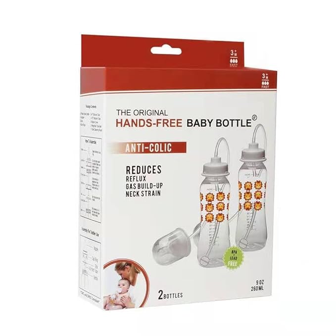 Hands-Free Baby Bottle - Anti-Colic Nursing System 9 oz Baby Bottle with Fast Flow Nipple/Teat 3m+ Infant with Tube Straw Feeding System for Toddler (2 Bottles - Lion)