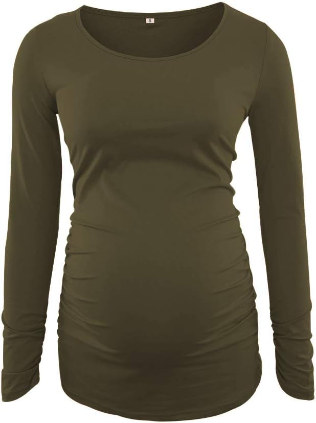 Ecavus Women's Maternity Shirts Long Sleeve Soft Stretchy Pregnancy Tops Side Ruched Casual Mama Clothes