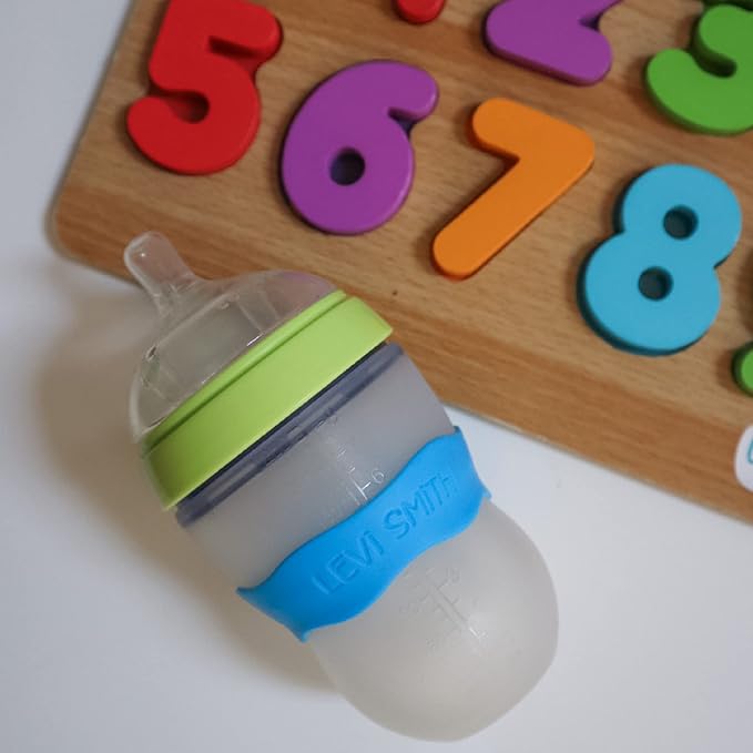 InchBug Orbit Labels Baby Bottle and Water Bottle Silicone Name Bands – Personalized Reusable Label Set for Daycare, Sippy Cups, Preschool, Elementary School, Dishwasher Safe, 4-Pack (Deep Sky Blue)
