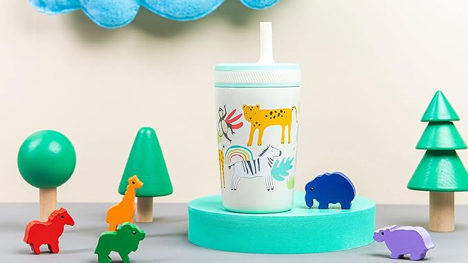 Zak Designs Kelso Toddler Cups For Travel or At Home, 12oz Vacuum Insulated Stainless Steel Sippy Cup With Leak-Proof Design is Perfect For Kids (Safari)