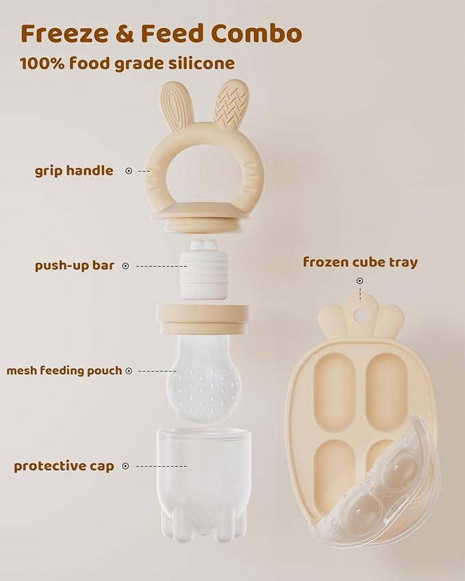 2 Packs Baby Fruit Feeder & Freezer Tray Combo, Push Pop Baby Food Feeder to Safely Introduce New Foods, Fresh & Frozen Food Silicone Feeder, 100% Food Grade, BPA Free