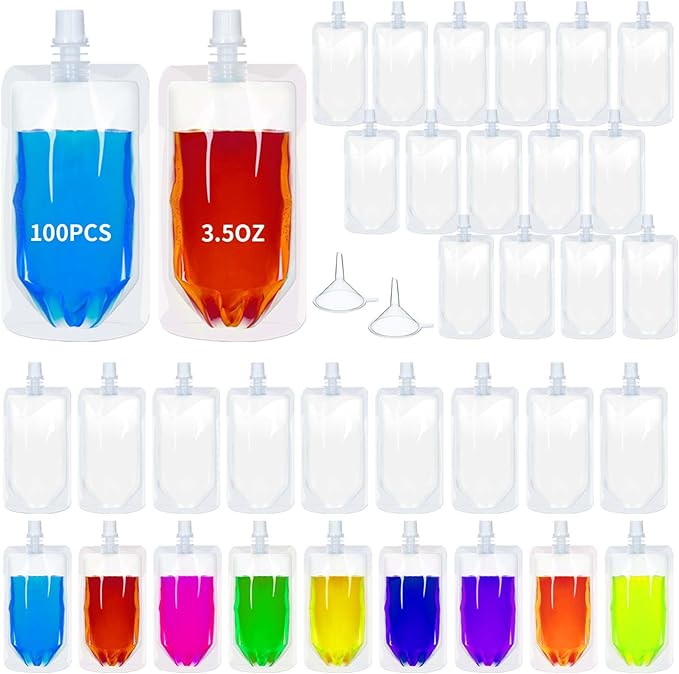 Meanplan 100 Pcs Plastic Pouches Bulk Reusable Squeeze Pouches Clear Plastic Juice Leak Proof Bags with Funnel for Party Favors Supplies(3.5 oz,Straight Mouth)