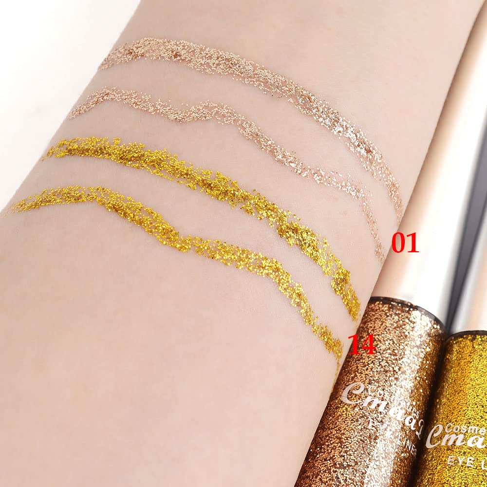 evpct 2Pcs Gold Champagne Gold Color Liquid Glitter Eyeliner Sets Eyeliner Glitter Liquid Liners for Women Liquid Sparkly Glitter Eyeliner delineador con glitter de colores para ojos colores 01+14