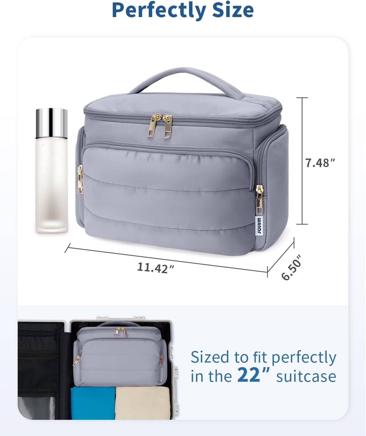 WANDF Travel Toiletry Bag for Women, Wide-open Large Makeup Bag with Handle, Puffy Makeup Organizer for Toiletries, Cosmetics, Accessories, Essentials (Slate Blue)