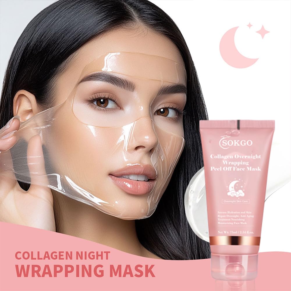 Collagen Overnight Wrapping Mask, Intensive Hydration Anti Aging Overnight Skin Treatment, Boosts Elasticity and Firmness, Revitalizes Dull Skin Reduces Fine Lines and Wrinkles (2PCS)
