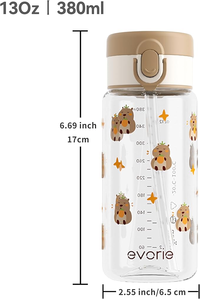 Evorie Tritan Kids Water Bottle for School with Straw, 13oz BPA Free Leak Proof Drinking Cup, Lightweight and Durable Drink Bottle (Capybara)