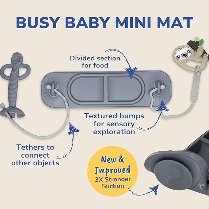 BUSY BABY Silicone Mat Bundle - 1 Original Mat Plus 1 Mini Mat, New Stronger Suction Cups, 6 Straps to Secure Baby Essentials and Keep Off The Floor, Baby Led Weaning, Wet Bag Included (Spearmint)