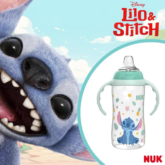 NUK Learner Cup, 10 Oz, Pack of 2, Disney's Stitch – Soft Spout, Easy-Grip Handles, BPA Free, Spill Proof Transition Sippy Cup