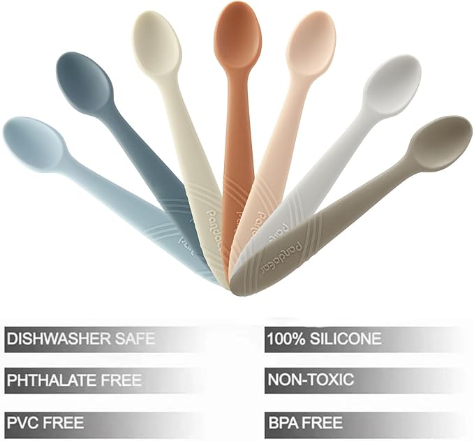 PandaEar 7 Pack Silicone Baby Feeding Spoons, First Stage Training Spoon Infant Utensils Feeding Supplies, BPA Free Gum-Friendly Soft Tip Baby Led Weaning Spoon