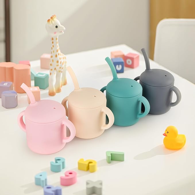 Silicone Baby Cup with Straw, Straw Cup for 6 months+ old, Leak Proof Silicone Baby Training Cup 6 fl oz (Green)