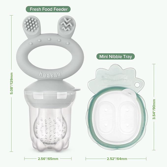 Haakaa Baby Fruit Food Feeder & Mini Freezer Nibble Tray Combo, Breastmilk Popsicle Molds for Baby Cooling Relief, BPA Free Silicone Feeder for Safe Infant Self Feeding, 4 Month+ (Slate Grey)