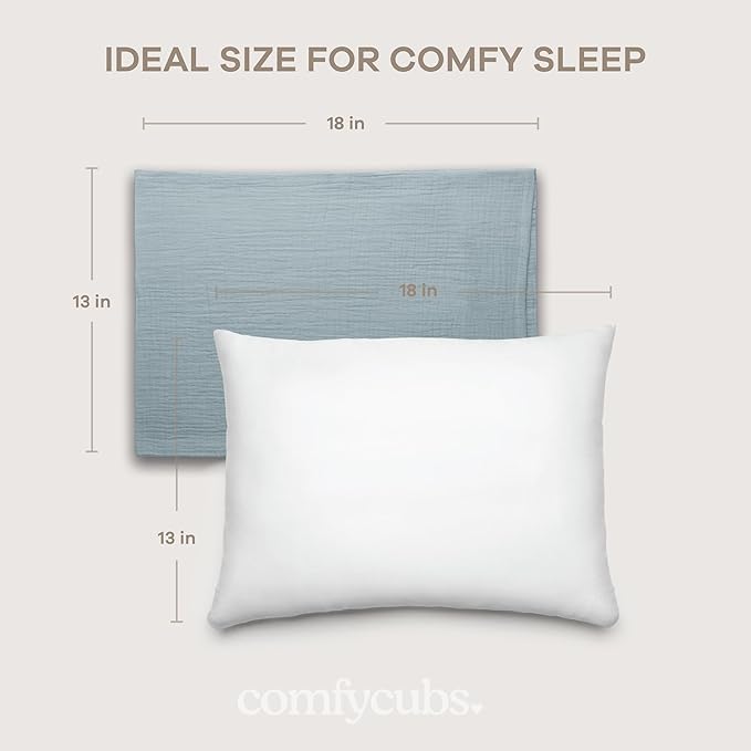 Comfy Cubs Toddler Pillow with Muslin Pillowcase, 13 x 18 in, 2 Pack - Travel and Sleep Support for Kids - Lightweight, Breathable Microfiber Fill - Soft & Cozy Small Pillow for Toddler Pacific Blue