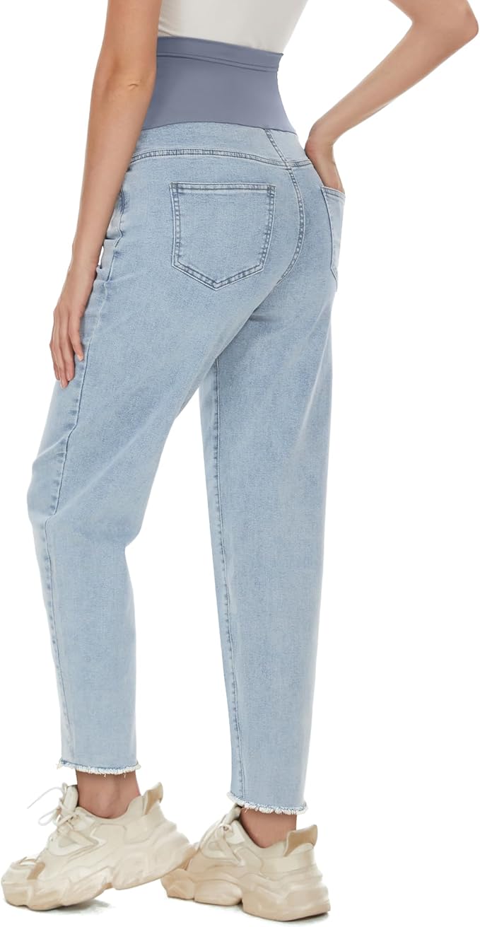 POSHGLAM Women's Maternity Jeans Over Belly Comfy Stretch 28'' Boyfriend Jeans Loose Pregnancy Pants, S-XXL