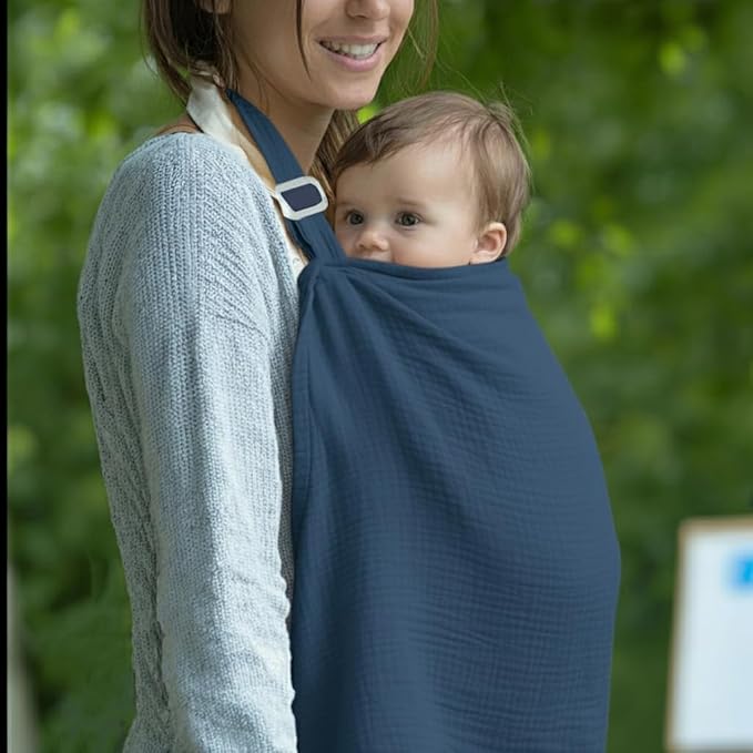 Muslin Nursing Covers for Breastfeeding, Arch Neckline Breast Feeding Covers for Women, Moms Privacy Breathable Summer Nursing Apron, 43.3" x 25.6" Soft Feeding Cover (Navy Blue)