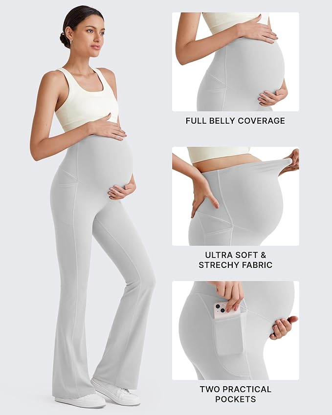 G4Free BareFeel Maternity Flare Leggings with Pockets Over The Belly Stretchy Casual Lounge Pregnancy Dress Pants for Work
