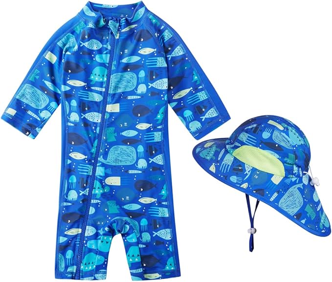Toddler Baby Boys Swimsuit Rashguard One Piece Zipper Bathing Suit with Sun Hat Infant Swimwear Sunsuit UPF 50+