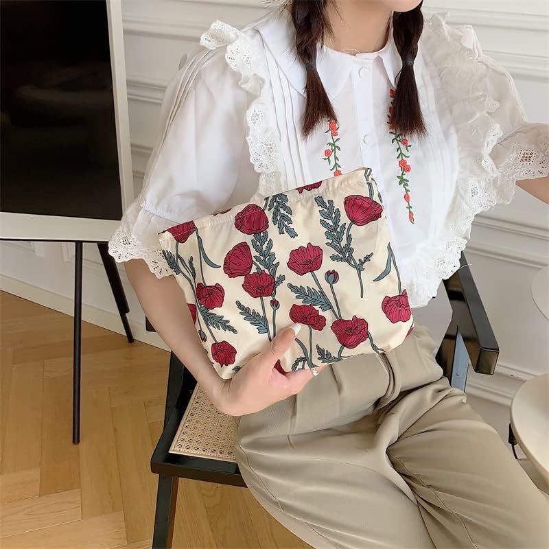 PAZIMIIK Floral Makeup Bag Large Cotton Zipper Pouch for Purse Travel Canvas Make Up Organizer for Women Cosmetic,Poppy Beige