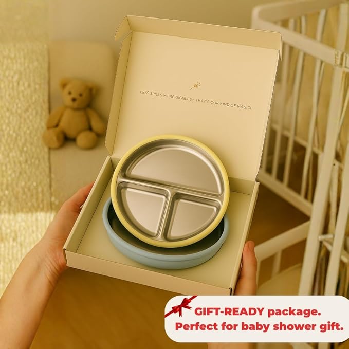 Stainless Steel Toddler Plate with Suction Set of 2, 8” Divided Plates with Removable Silicone Sleeves for Kids, Non Toxic & BPA Free | Non Slip | Unbreakable Baby Dishes, (Butter Yellow & Baby Blue)