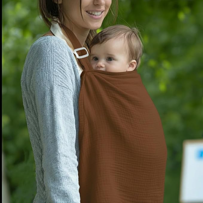 Muslin Nursing Covers for Breastfeeding, Arch Neckline Breast Feeding Covers for Women, Moms Privacy Breathable Summer Nursing Apron, 43.3" x 25.6" Soft Feeding Cover (Dark Brown)
