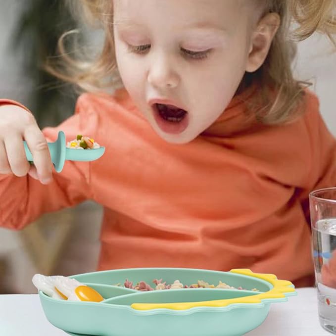 Silicone Suction Plates for Baby Toddler with Spoon Fork set Divided Dinosaurs Plates Self Feeding Training Baby Dinner Plate-Green Dinosaurs Plate Set
