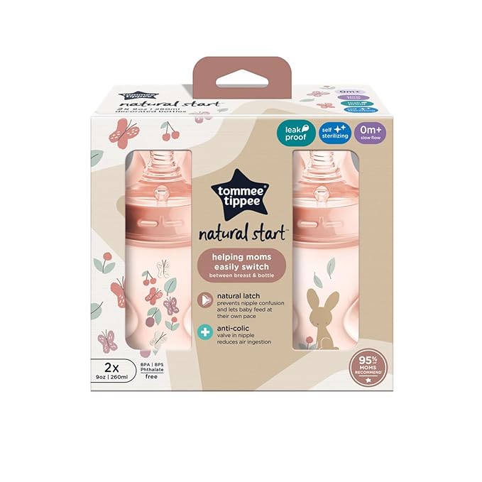 Tommee Tippee Natural Start Anti-Colic 9 oz BPA Free Baby Bottles, 0+ Months, Slow Flow Breast-Like Nipple, Self Sterilizing, Designed for Seamless Transition Between Bottle & Breast, Pink, Pack of 2
