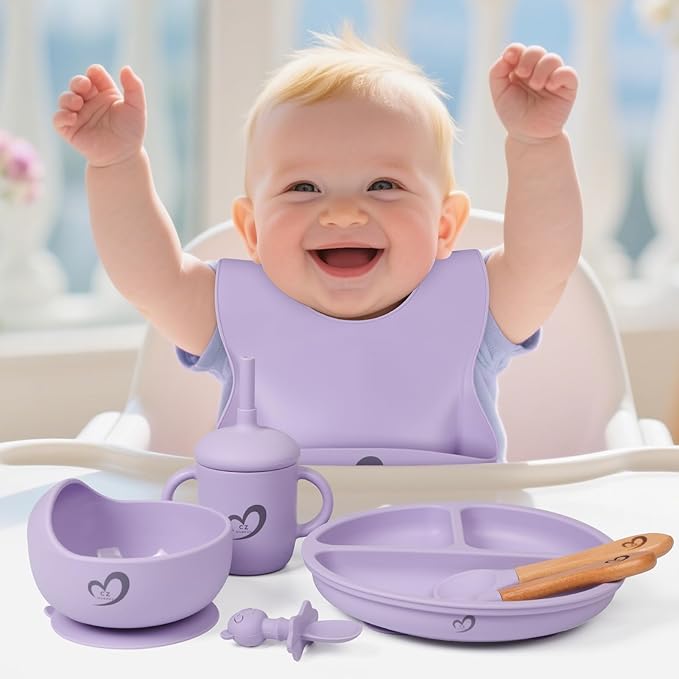 Silicone Baby Feeding Set Essentials,13 Pcs,Baby Led Weaning Supplies, Baby Spoons Suction Bowl Divided Plate Bib Cup Finger Brush,First Stage Solid Food Eating Utensils - 6 Months + (Purple)