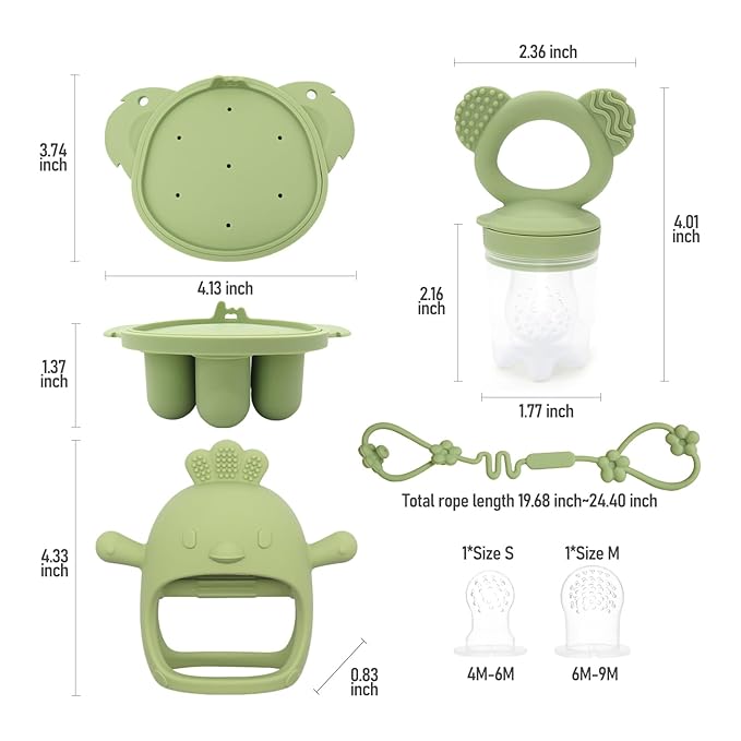 Baby Fruit/Food Feeder with Breastmilk Popsicle Molds & Teether Combo Food Grade Silicon for 6M+ Breastmilk Pops, Frozen Fruit, Baby Teething Relief(Green)