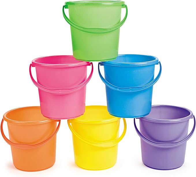 Fun Express Sand Buckets for Kids 12 Pack - Premium 7 Inch Beach Buckets with Easy-Grip Handles | Durable Plastic Sand Toys for Ages 3+ | Perfect for Beach, Sandbox & Pool Play