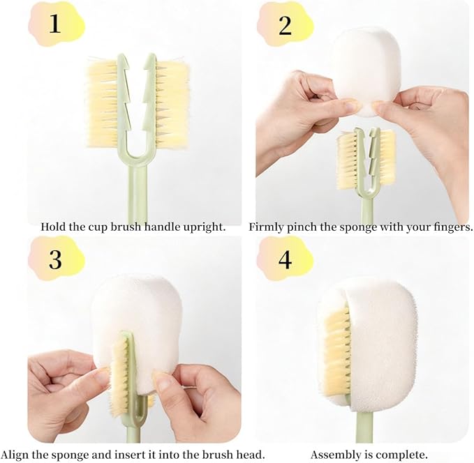 5 in 1 Bottle Cleaning Brush Set, Multifunctional Bottle Cleaning Brush Set, Water Bottle Cleaner Brush, Straw Cleaner Brush for Baby Bottles, 3 Replacement Sponge Brush Heads (Green)
