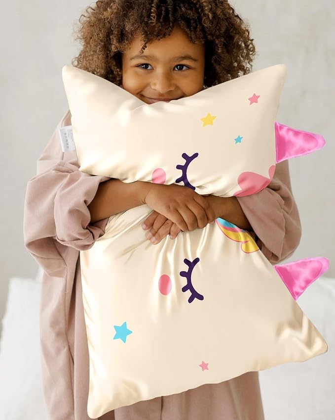 Toddler Pillowcases 13"x18" for Kids - Cute Cartoon Soft Breathable Silk Pillow Cases for Hair and Skin with Hidden Zipper for Girls Fun Kawaii Design for Bedding, White Unicorn