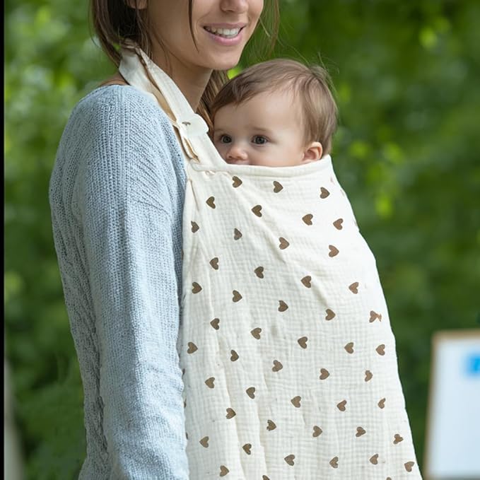Muslin Nursing Covers for Breastfeeding, Arch Neckline Breast Feeding Covers for Women, Moms Privacy Breathable Summer Nursing Apron, 43.3" x 25.6" Soft Feeding Cover (Beige Sweet Khaki Heart)