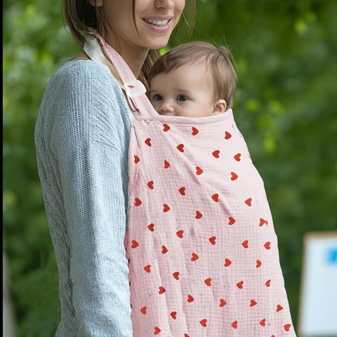 Muslin Nursing Covers for Breastfeeding, Arch Neckline Breast Feeding Covers for Women, Moms Privacy Breathable Summer Nursing Apron, 43.3" x 25.6" Soft Feeding Cover (Pink Red Heart)