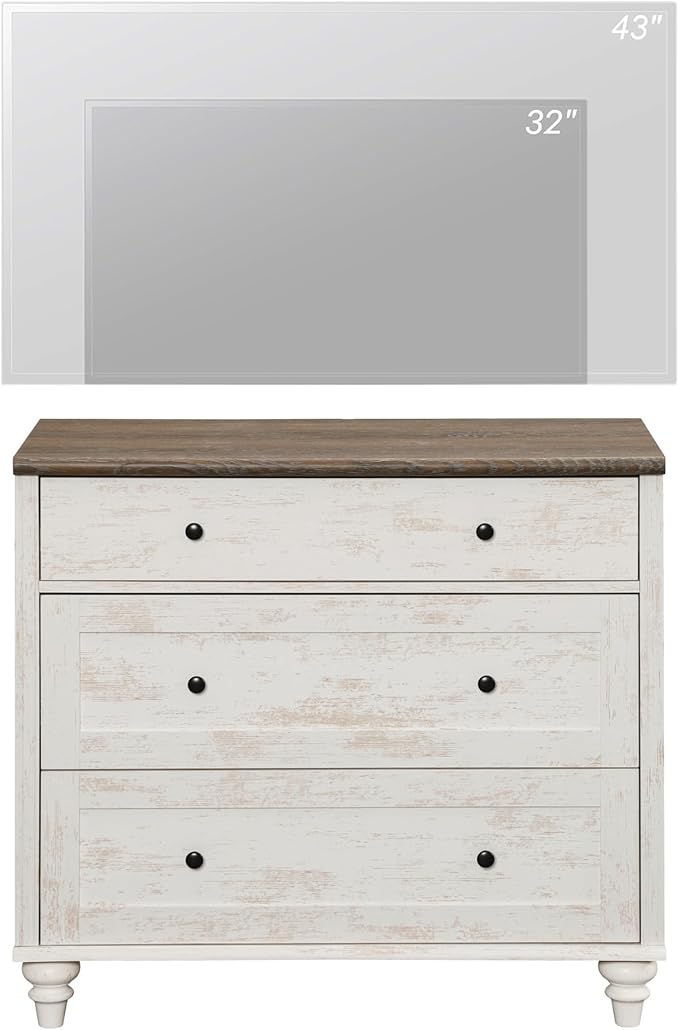 WAMPAT Baby Dresser for Bedroom with 3 Drawers, Kids Dressers with Wide Chest of Drawers, Farmhouse Wooden Closet Storage Organizer, Small Dressers for Living Room, Nursery, Hallway, Rustic White