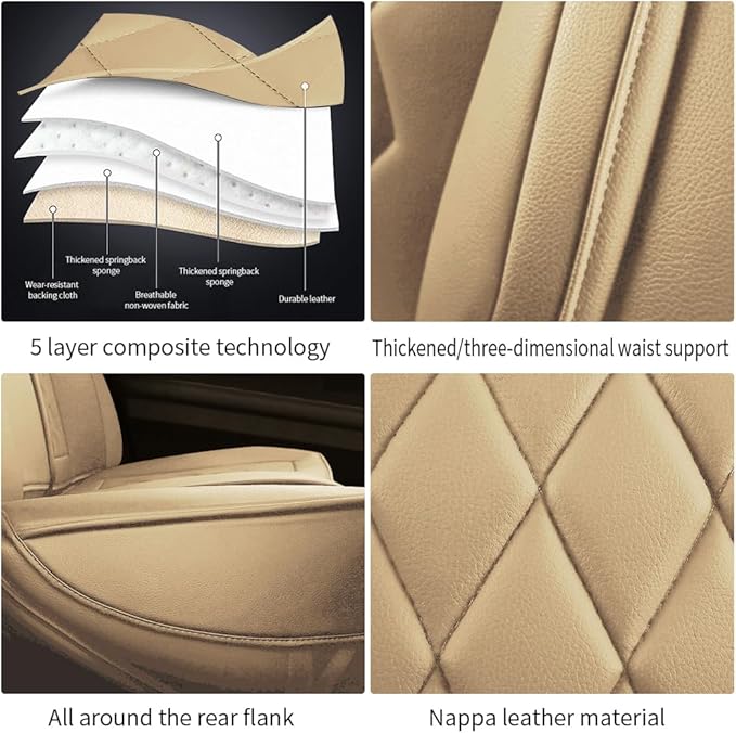 Leather Car Seat Covers for Volkswagen Atlas 2019-2023 Waterproof,Breathable and Non-Slip Napa Leather Car Interior Seat Covers,Comfortable and Durable,Easy to Install(5PCS,Luxury,Beige)