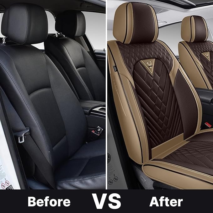 Car Seat Cover Full Set, Seat Cover for Cars, Car Seat Cover Car Seat Protector Waterproof Leather Car Seat Cushion Full Coverage Seat Cover Front Seat Fit for Most Cars(2 Seat,Brown&Beige)