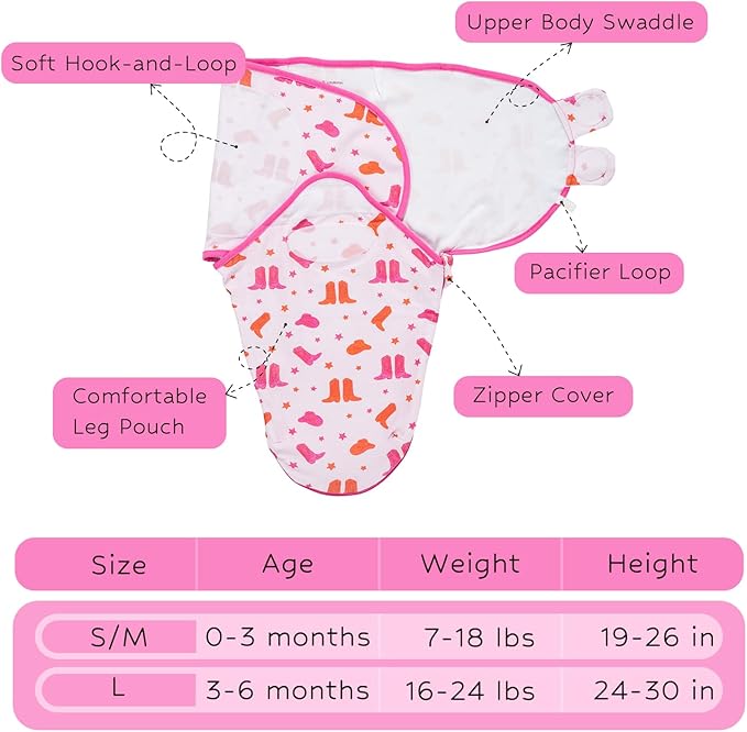 LollyBanks Baby Swaddles 100% Organic Cotton, 3-6 Months Baby Girl Swaddles with Easy Change Zipper, Swaddle Sack for Newborn Girls (Pink Boot Print)