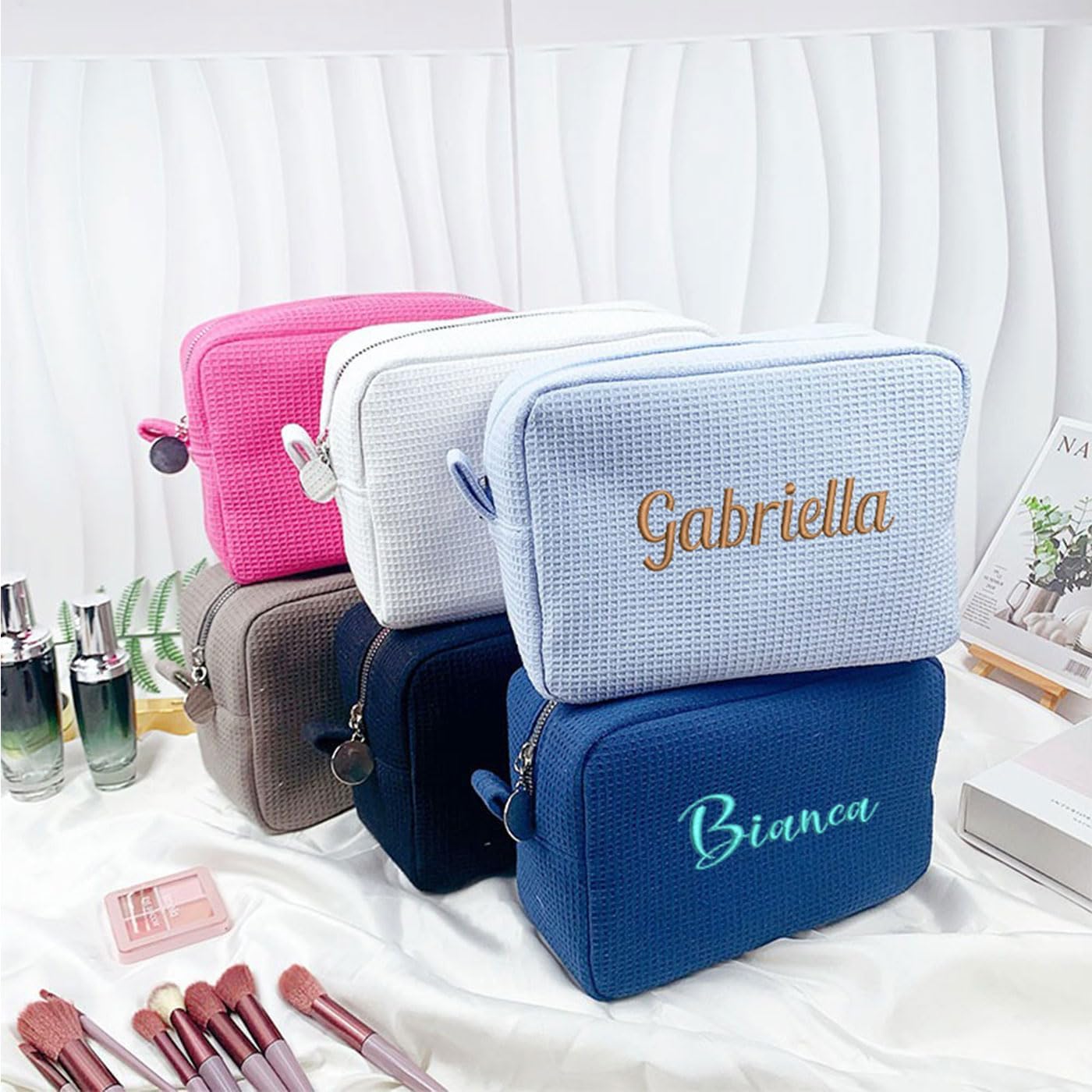 GOPHIE Personalized Embroidered Makeup Bag,Custom Waffle Fabric Cosmetic Pouch for Women, Travel Makeup Pouch (3, White)