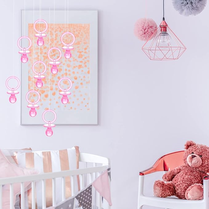Chengu 100 Pcs Baby Shower Pacifiers Necklace, Acrylic Pacifiers Necklace Party Favors for Girls Boys Baby Shower Party Decorations Table Scatter(Pink)