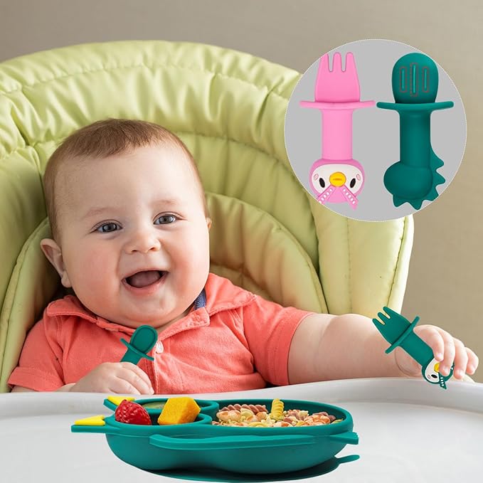 Toddler Silicone Suction Plate with Spoon and Fork, Adjustable Bib, Blue Owl