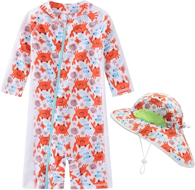 Toddler Baby Boys Swimsuit Rashguard One Piece Zipper Bathing Suit with Sun Hat Infant Swimwear Sunsuit UPF 50+