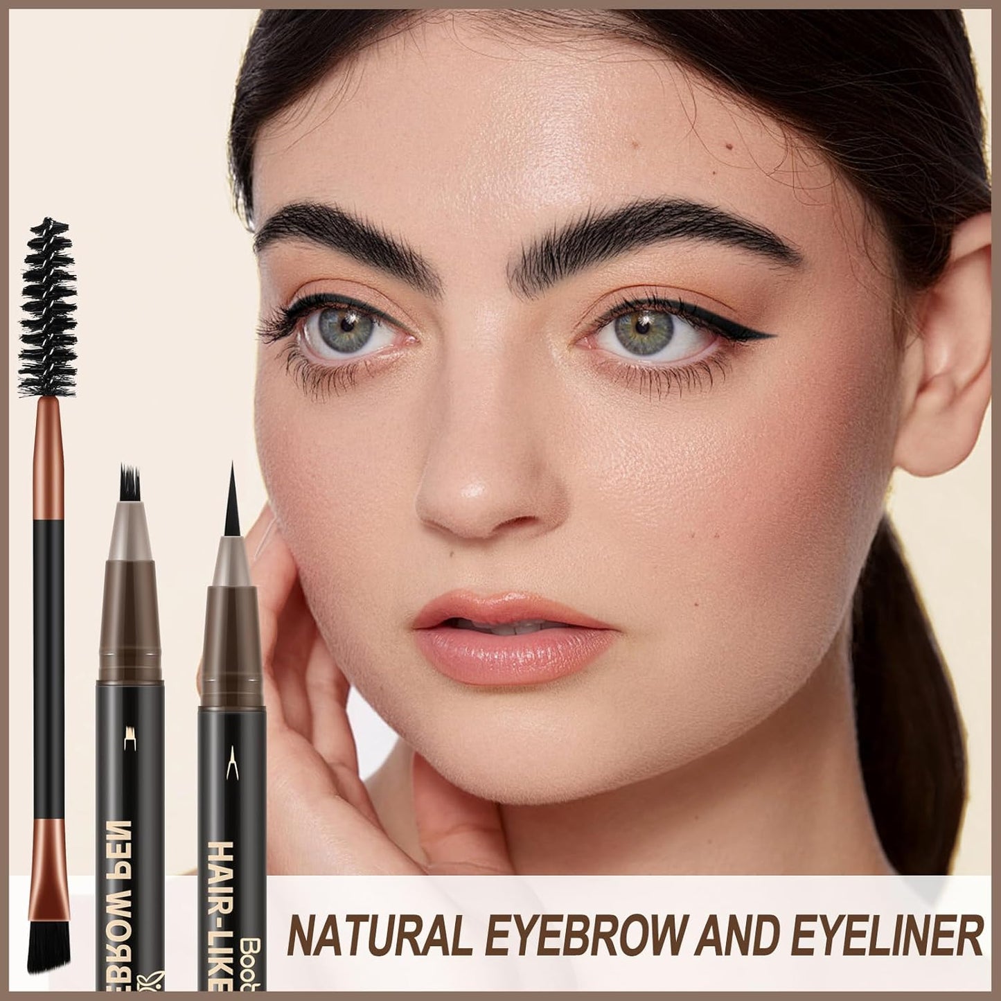 Boobeen 2pcs Waterproof Eyebrow Pen,Dual-Ended Eyeliner Microblading Eyebrow Pencil for Women,Long Lasting Hair-Like Brow Pen with Brow Brush,Dark Brown