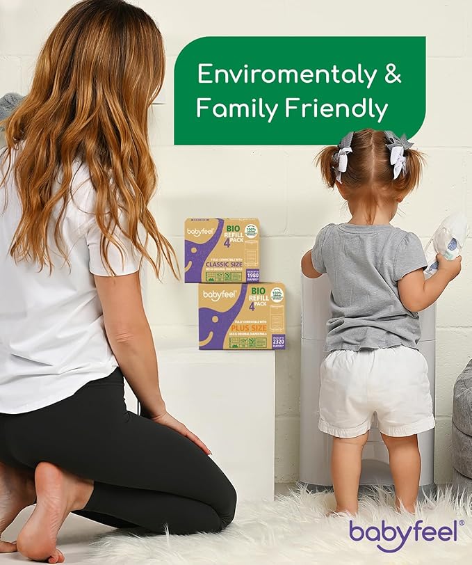 Babyfeel BIO Refills Compatible with DEKOR PLUS Diaper Pails | 100% Compostable | 4 Pack | 50% Extra Thickness | Compost Refill bags with Running Low Indicator | Powerful Odor Control | Fragrance-free