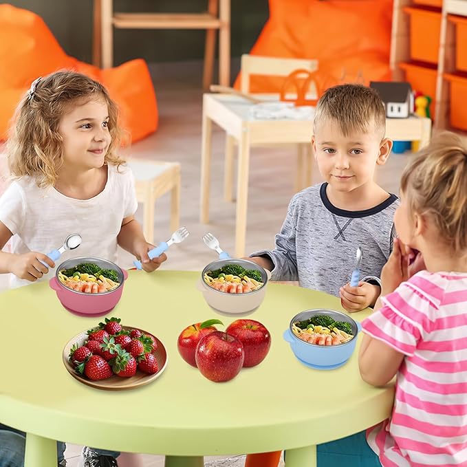 4 Pack Stainless Steel Baby Bowls with Removable Non-Slip Silicone Suction Shell, Anti Scald Food Container for Baby Food Feeding-Skyblue/Gray/Red/Cream