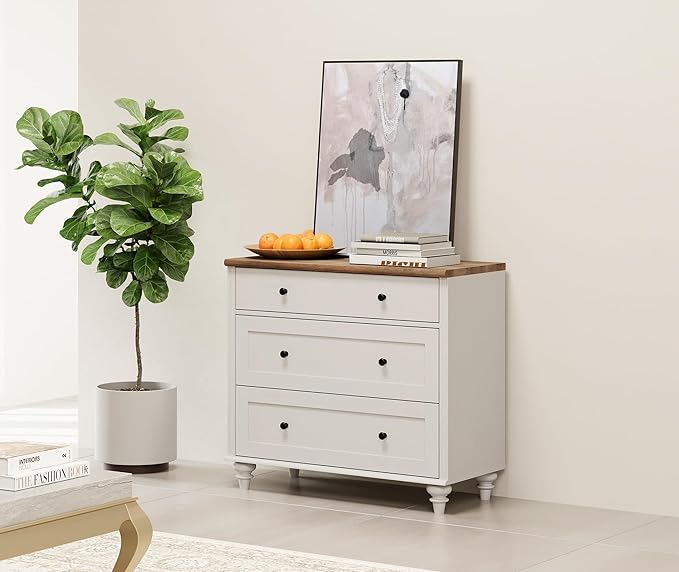 WAMPAT Dresser for Bedroom with 3 Drawers, Kids Dressers with Wide Chest of Drawers, Mid Century Modern Wooden Closet Storage Organizer for Living Room, Nursery, Hallway, White